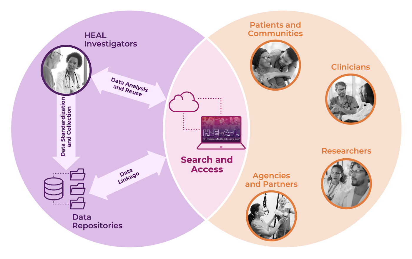 Image shows the players involved in the HEAL data ecosystem. HEAL investigators are generating data, the HEAL Platform is being built by the University of Chicago team and will provide a web interface to search for and analyze HEAL results and data. The Platform will connect to HEAL-generated data stored in various secured repositories. The HEAL-funded RENCI/RTI team will provide data management, stewardship, and support to help investigators make their data FAIR and to connect to the Platform.